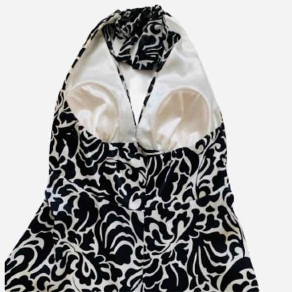 WHBM Halter Dress Black Cream Floral Sleeveless Silk Flowy Halter Dress Size 4 - Picture 8 of 15